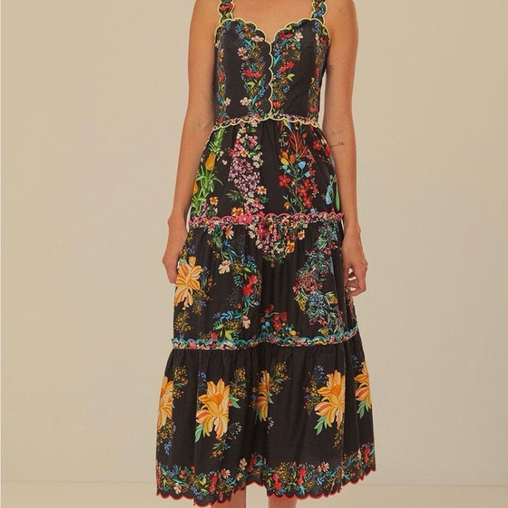 Farm Rio Black Delicate Forest Scarves Organic Cotton Maxi Dress Small
